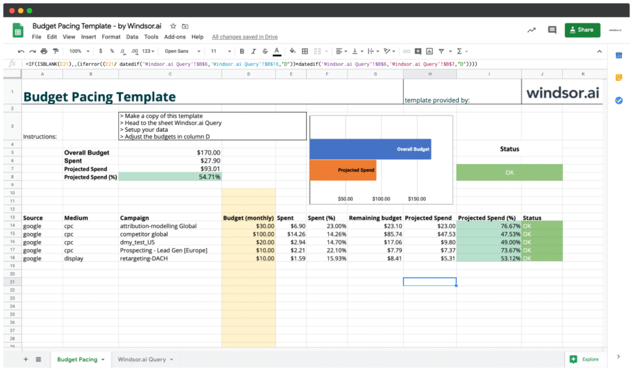 Google Sheets Budget Pacing Template for Google Ads, Facebook, Bing,