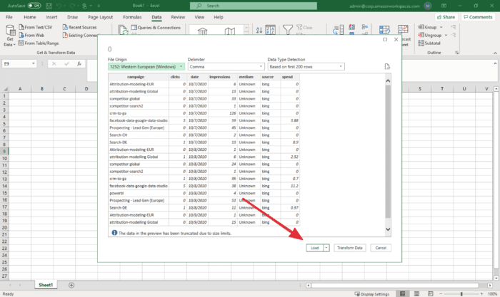 load data into excel