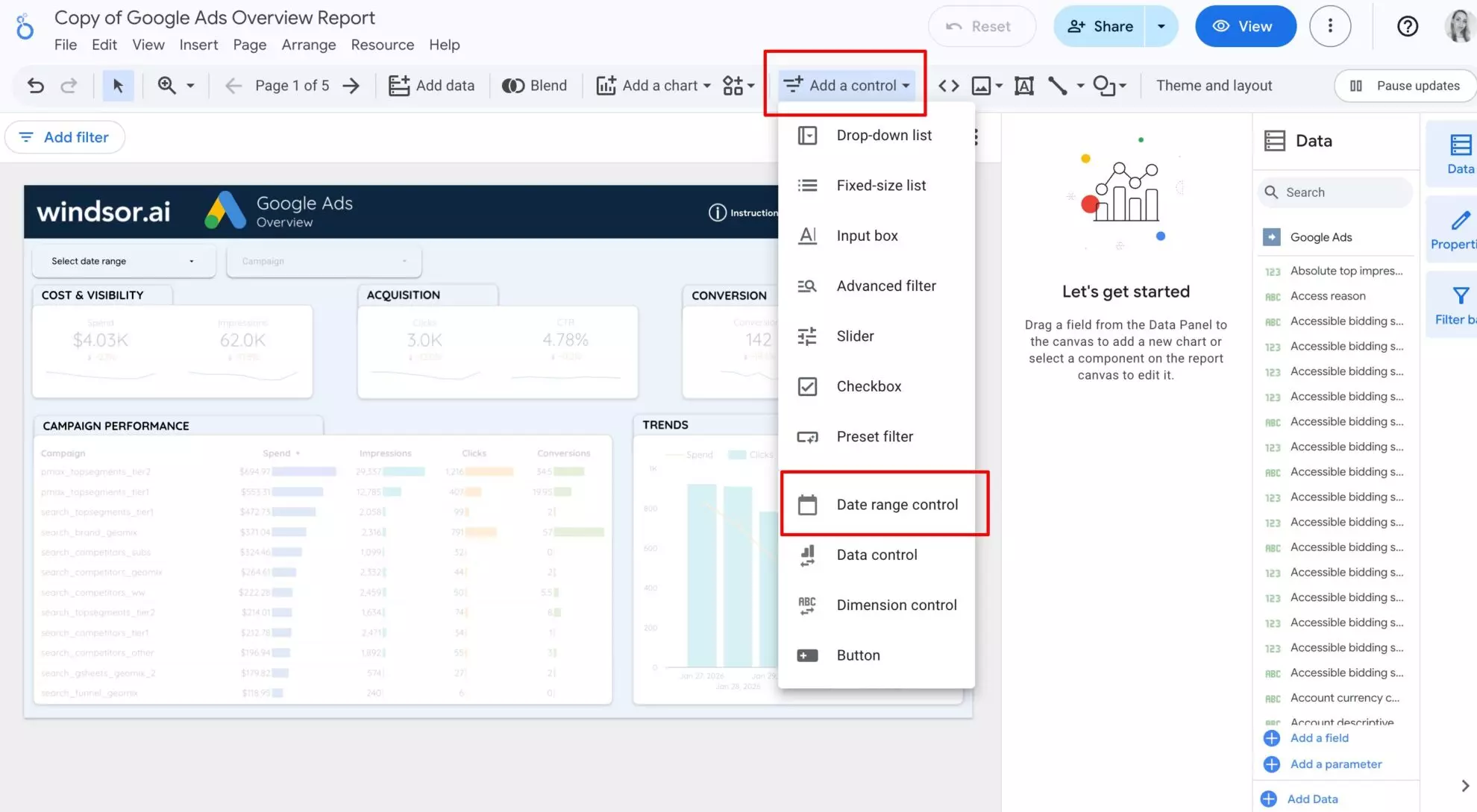add date range filter looker studio