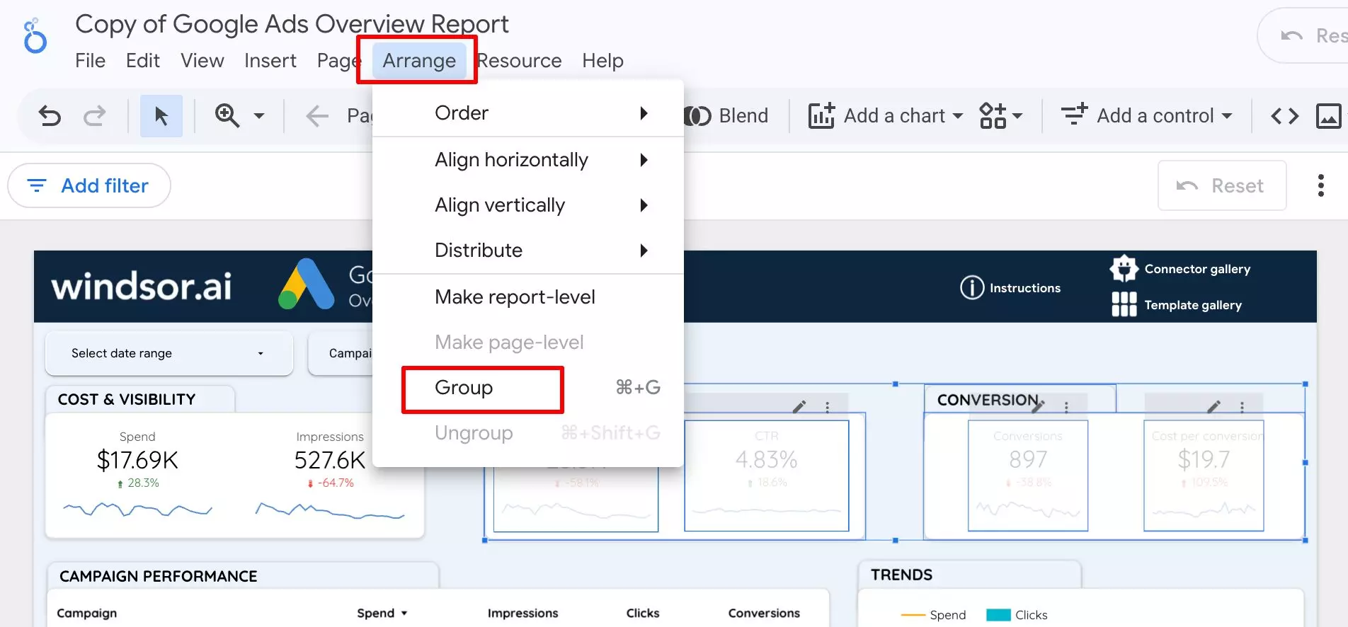 group elements looker studio