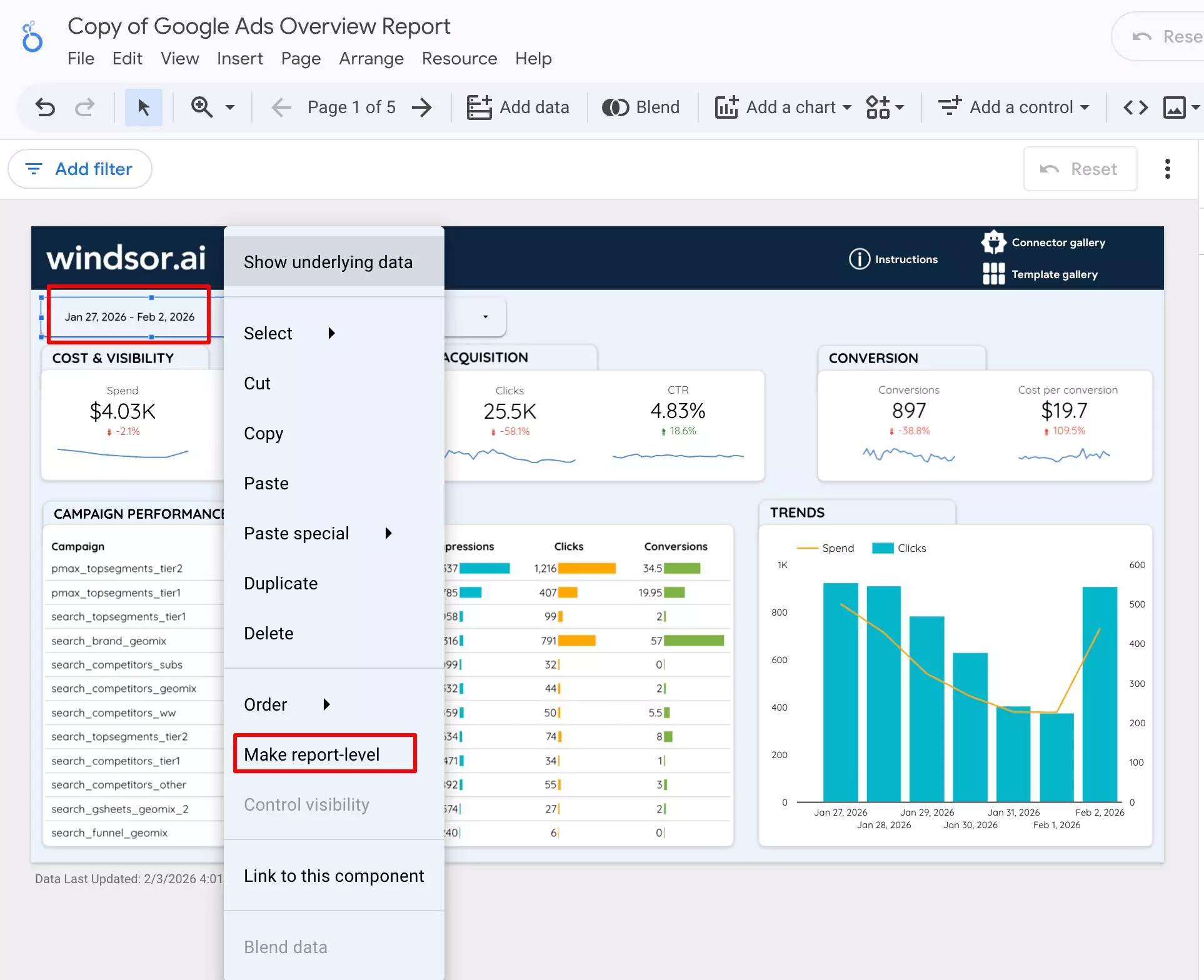 make report-level date range looker studio