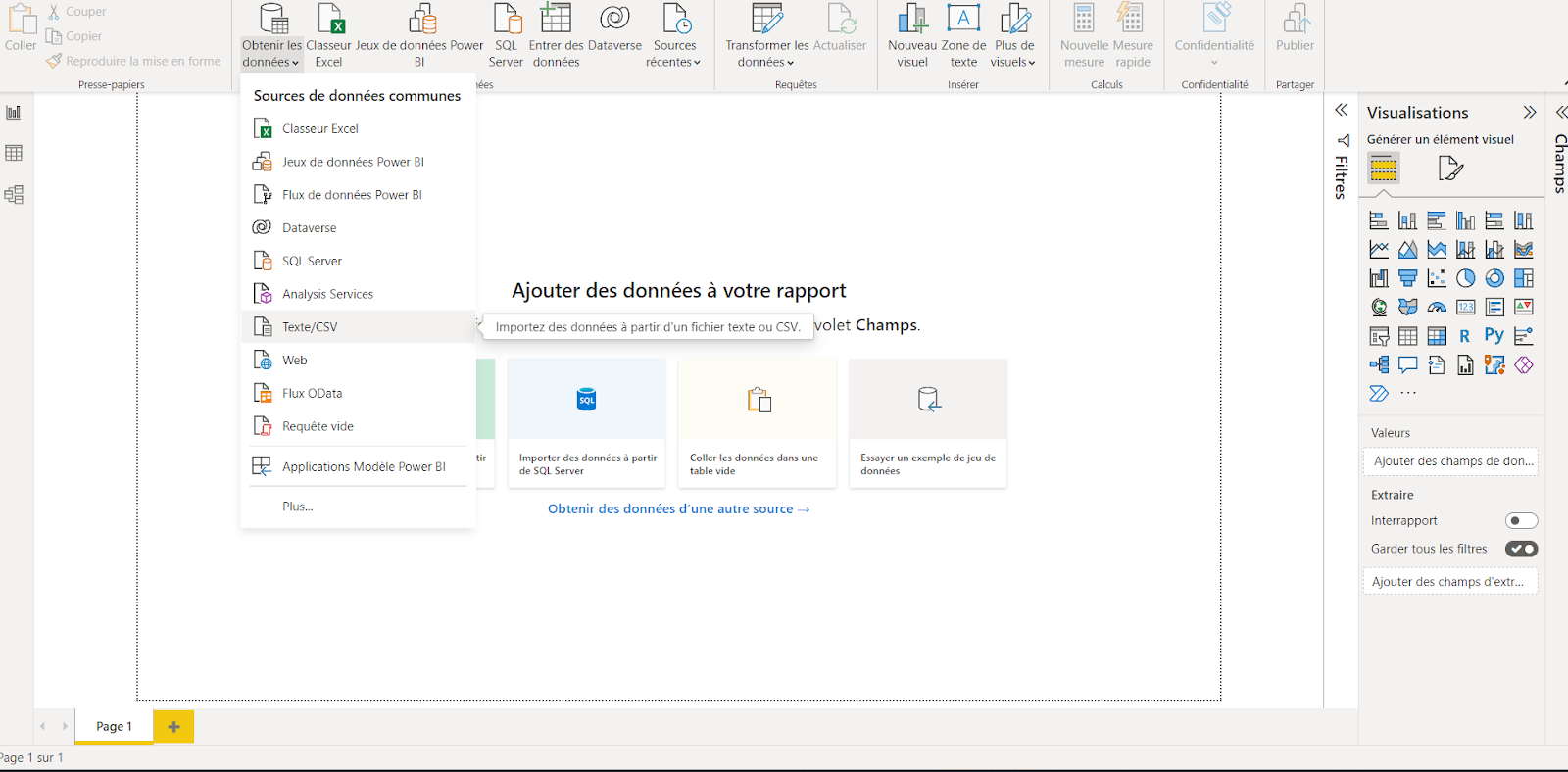 choosing Get Data then CSV in Power BI Desktop