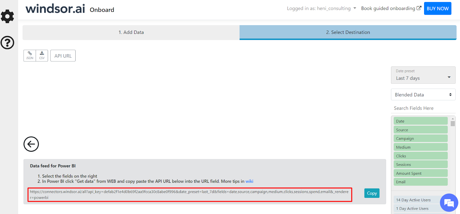 API Url windsor.ai Onboard
