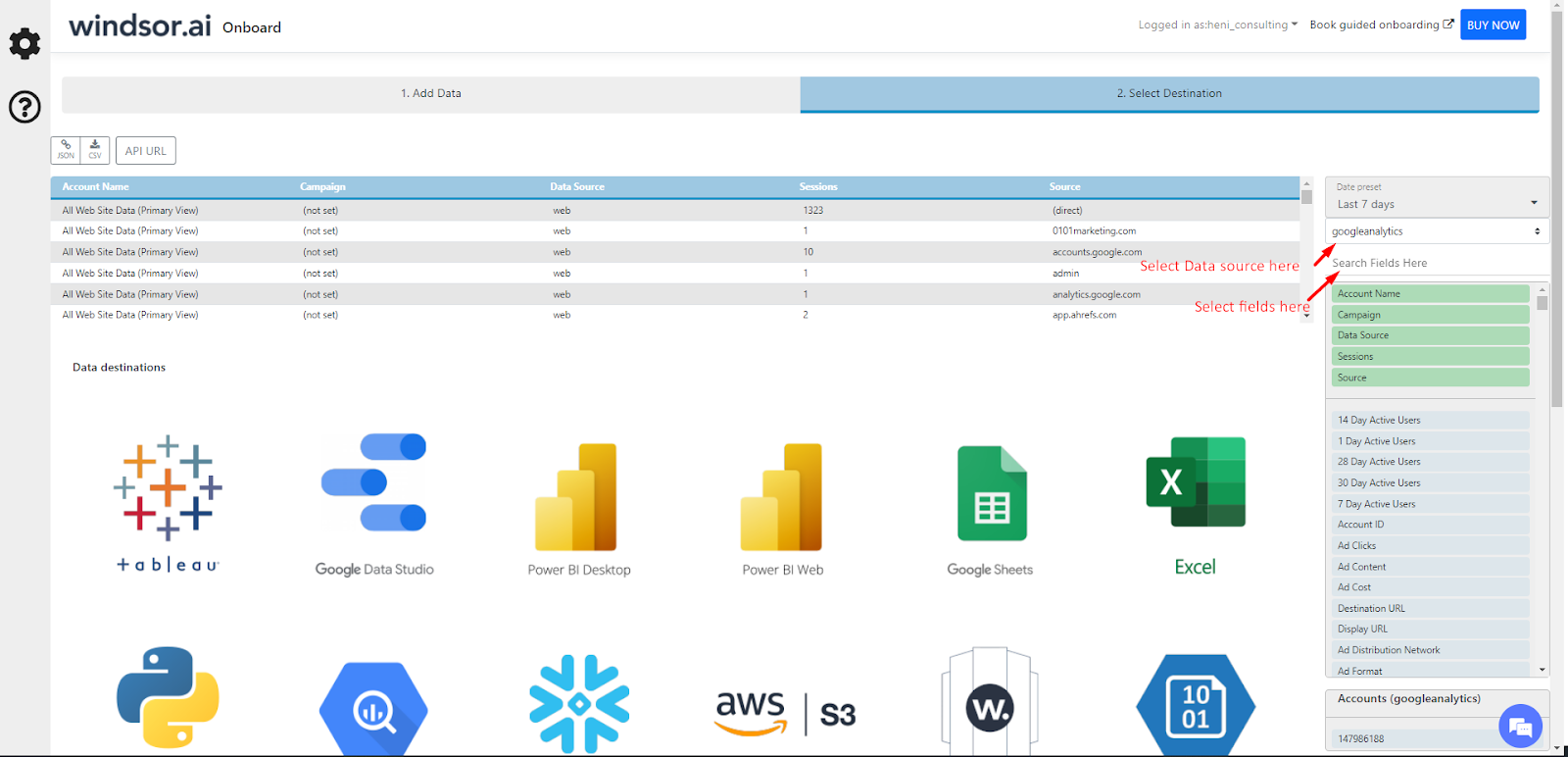 Fields select Select Google analytics fields and metrics