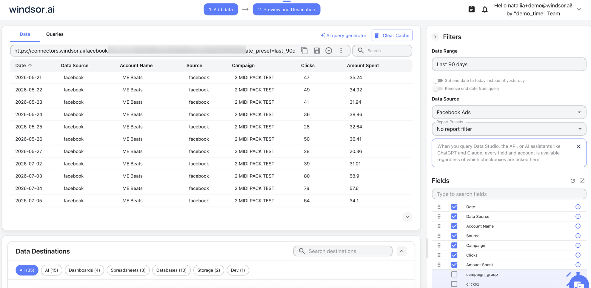 Windsor.ai API key location in the Facebook Ads query URL