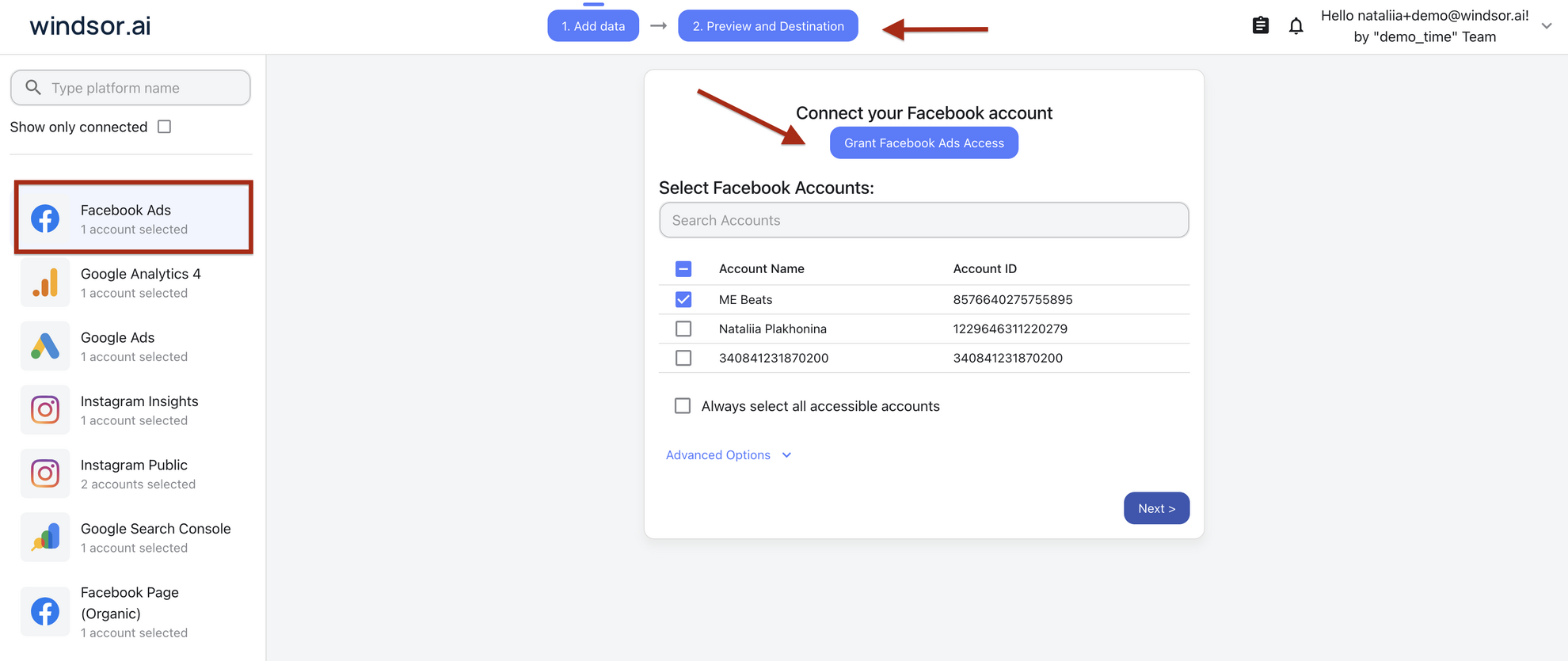 Connect your Facebook account in Windsor.ai and grant Facebook Ads access