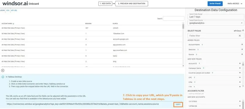 Connect Google Analytics to Tableau - Step 7