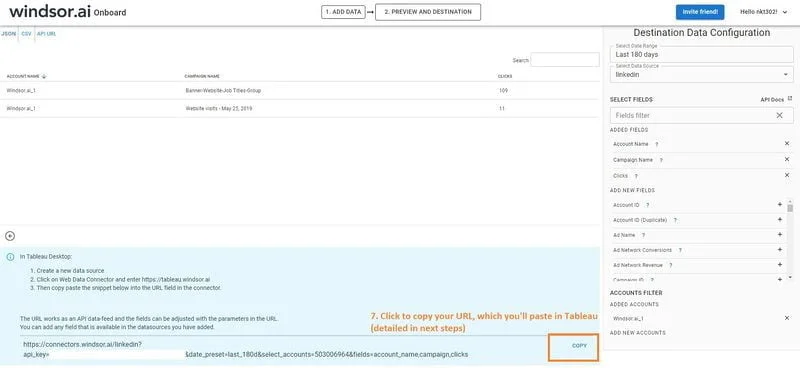 Copy the URL that you'll be using in Tableau to connect to LinkedIn Ads through Windsor.ai