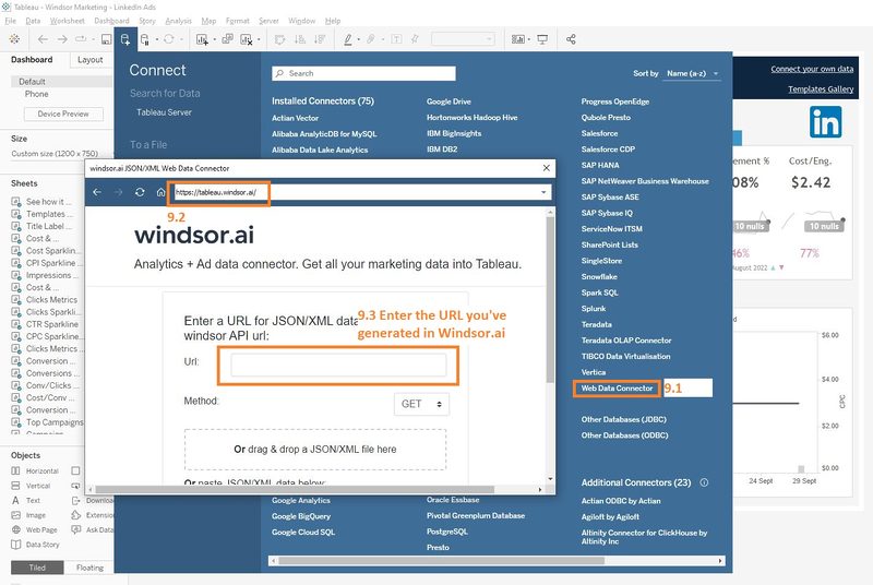 In Tableau, connect to your LinkedIn Ads data through Windsor.ai