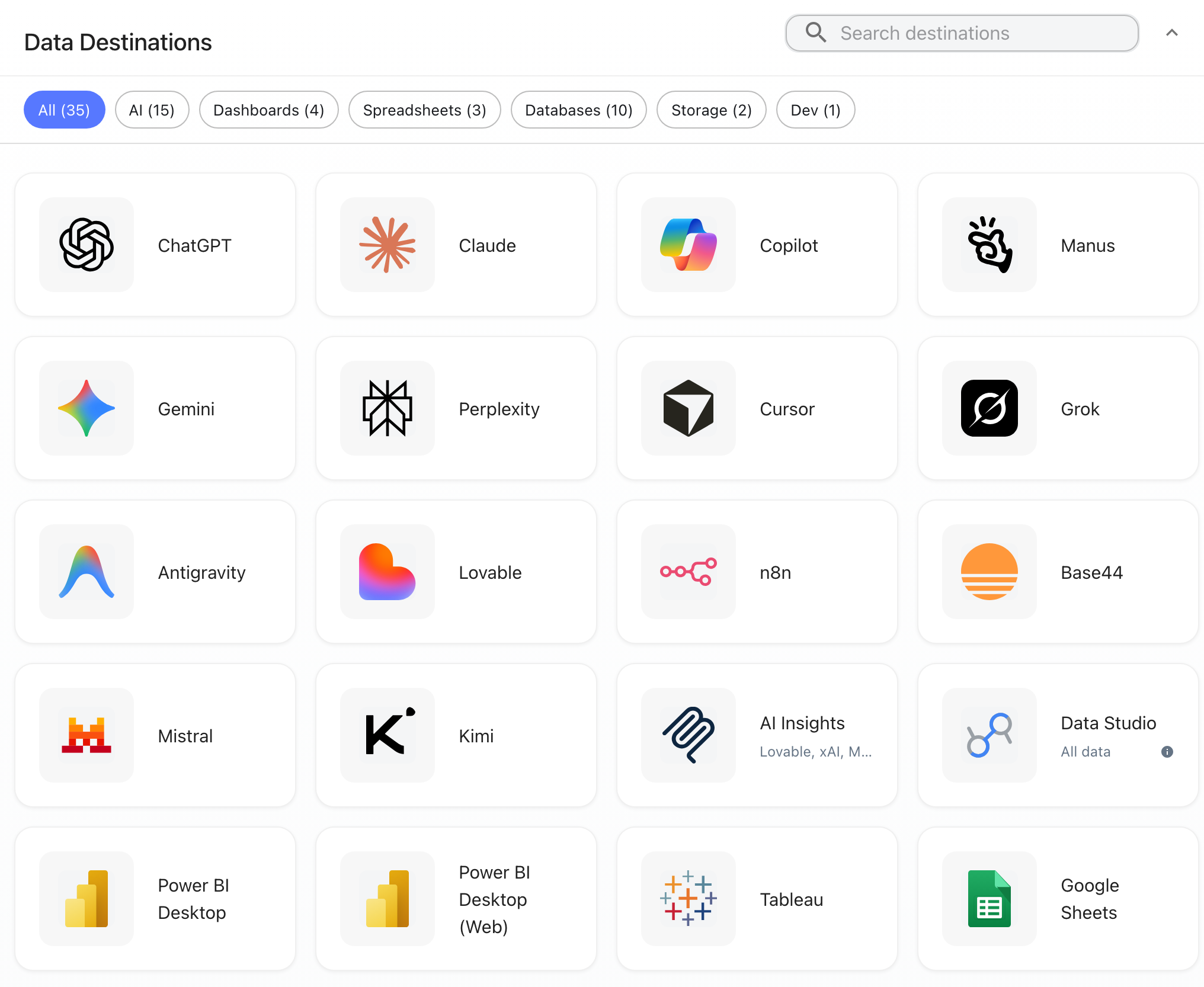Windsor.ai Data Destinations picker showing Power BI Desktop