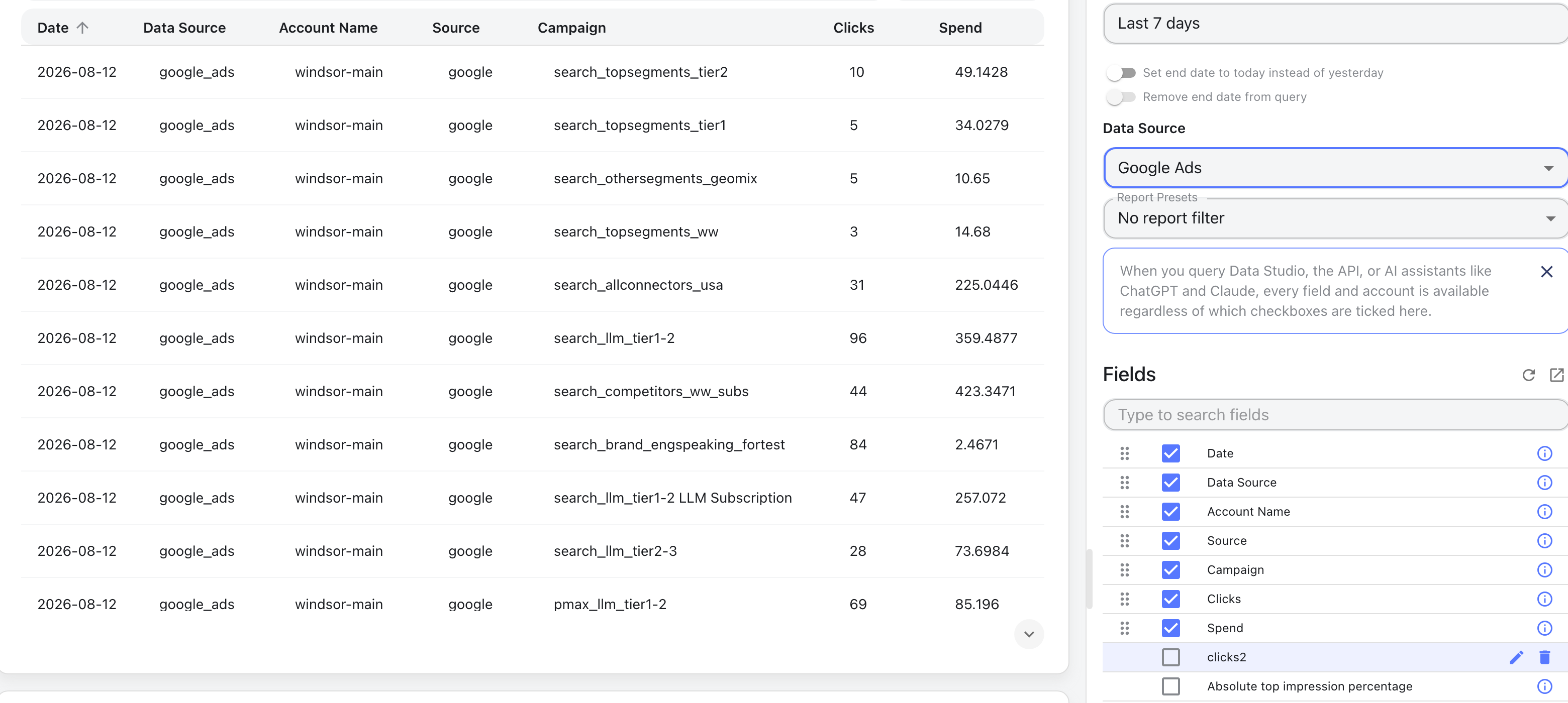 Choosing Google Ads fields and previewing data in Windsor.ai