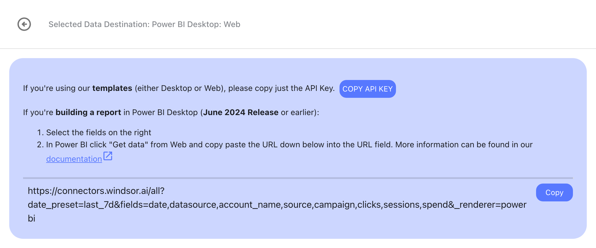 Copy API Key and URL for Power BI in Windsor.ai
