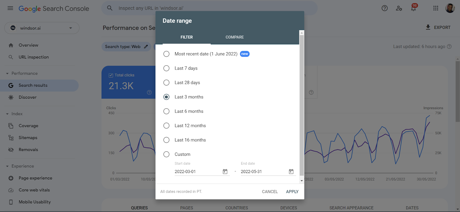 Google Search console Date range popup