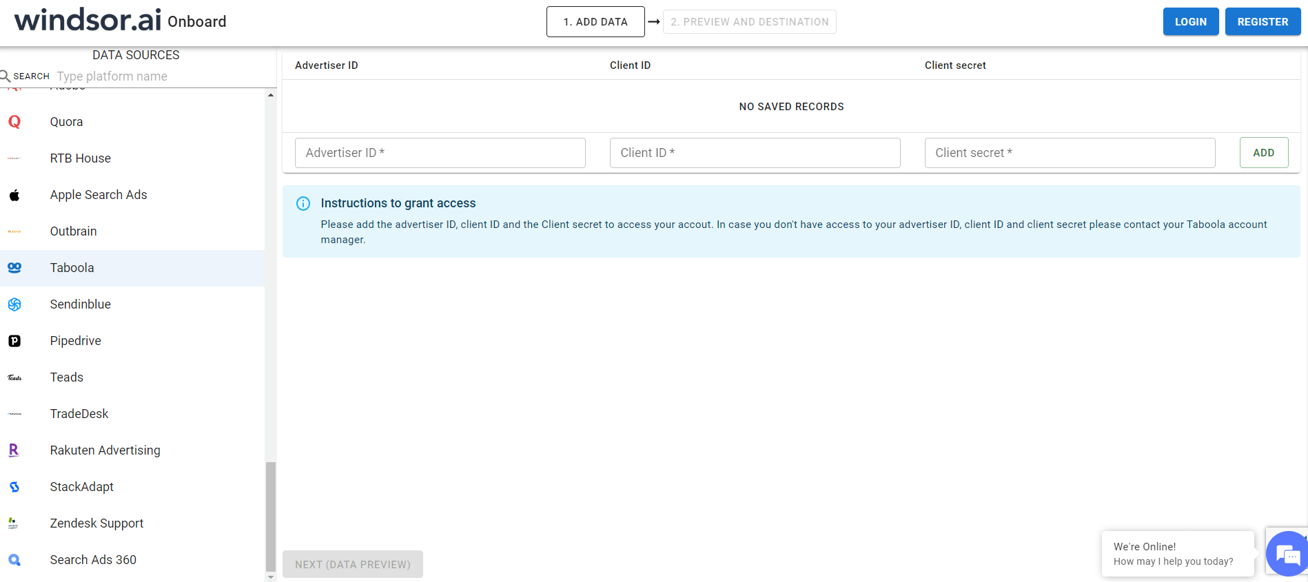 Taboola Windsor.ai Onboarding Screen