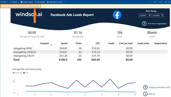 Power Bi Facebook Leads Report Dashboard Template - Connect your Data