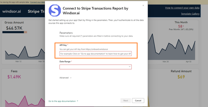 Power BI Stripe Transactions Dashboard Template - Enter your API Key