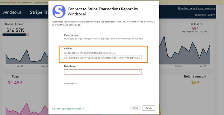 Power BI Stripe Transactions Dashboard Template - Enter your API Key