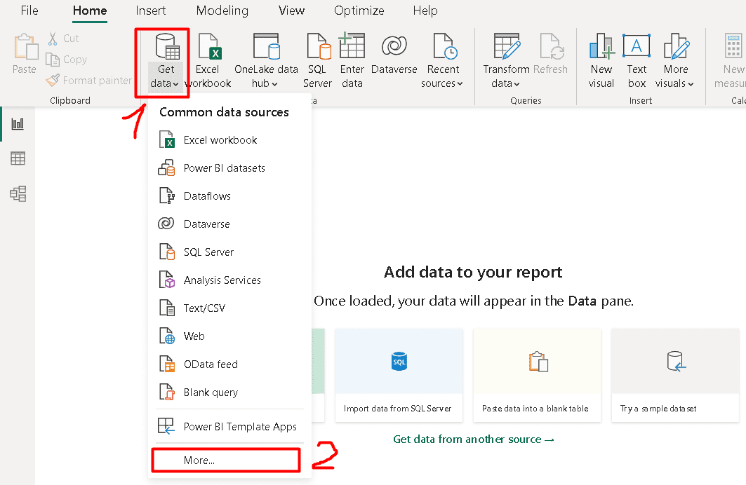 Power BI Get data menu with the More option highlighted