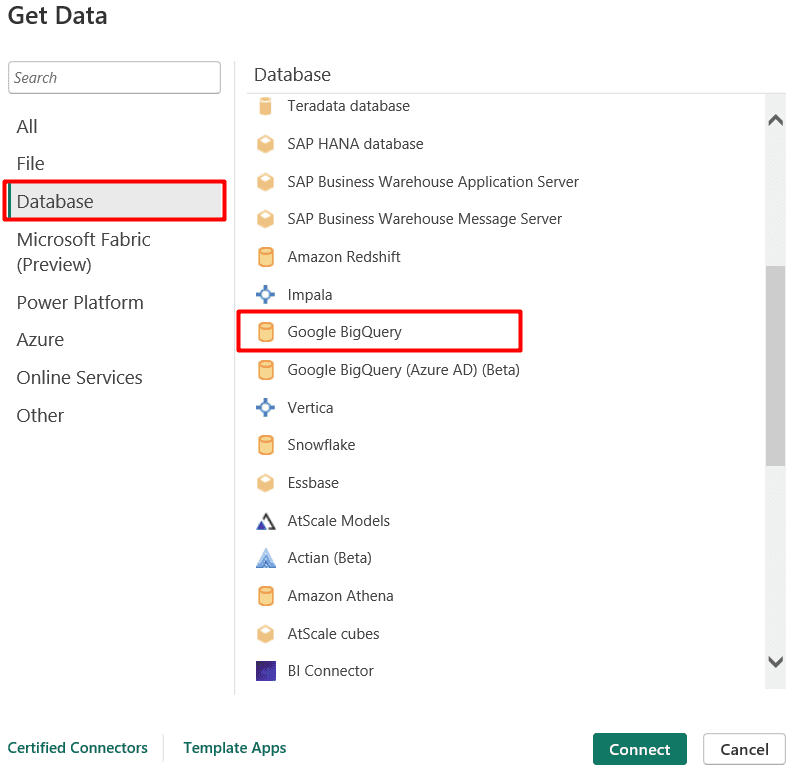 Selecting Google BigQuery under Database in the Power BI Get Data dialog