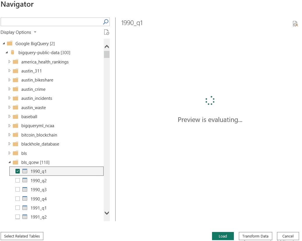 Power BI Navigator listing BigQuery public datasets with a table selected