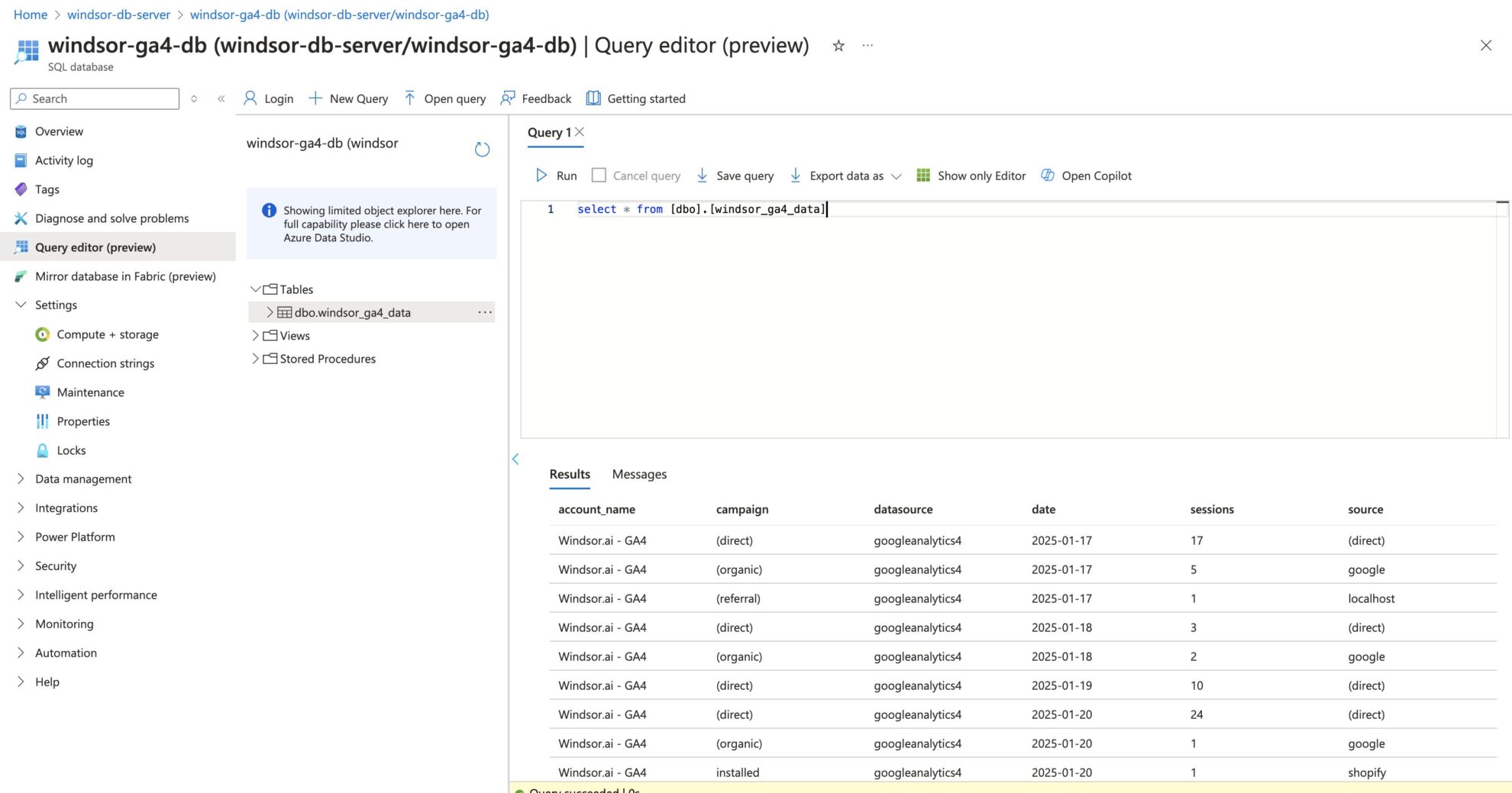 data integrated into Azure SQL with Windsor.ai