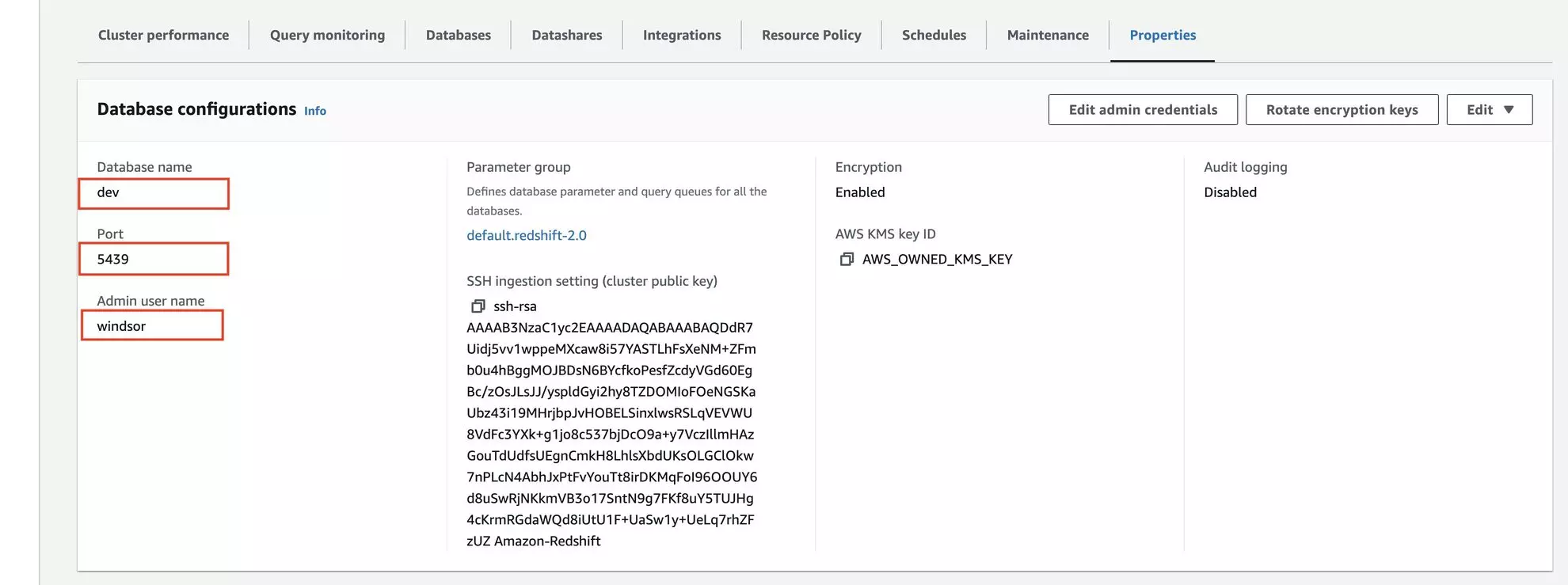 user, port, and database name in redshift