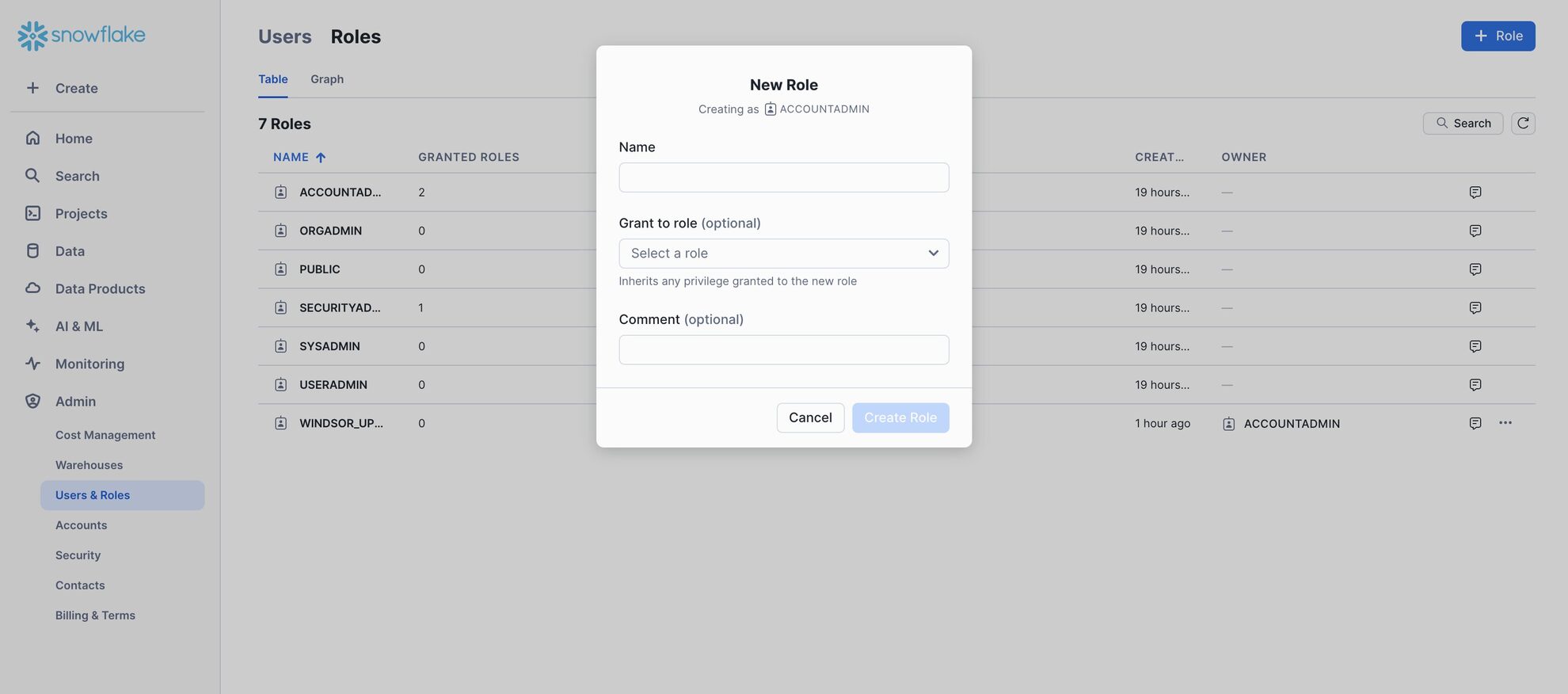 create new role in snowflake