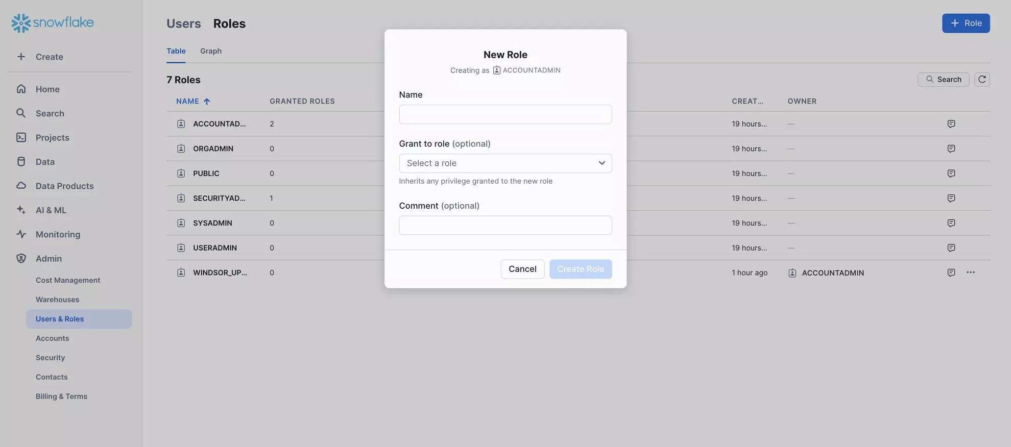 create new role in snowflake
