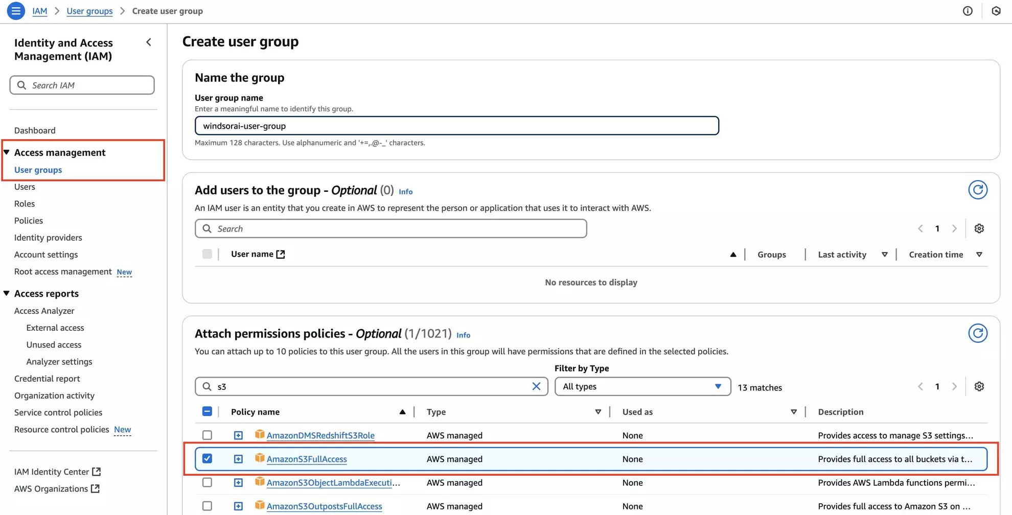 create user group in amazon s3