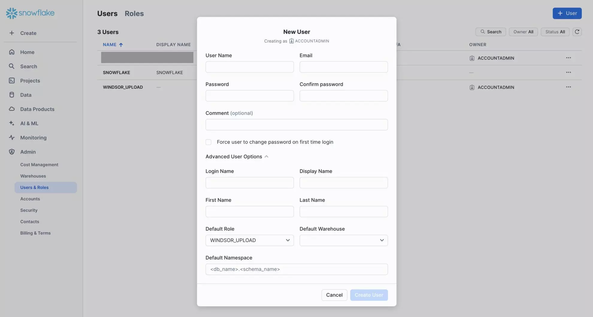 create a new user in snowflake