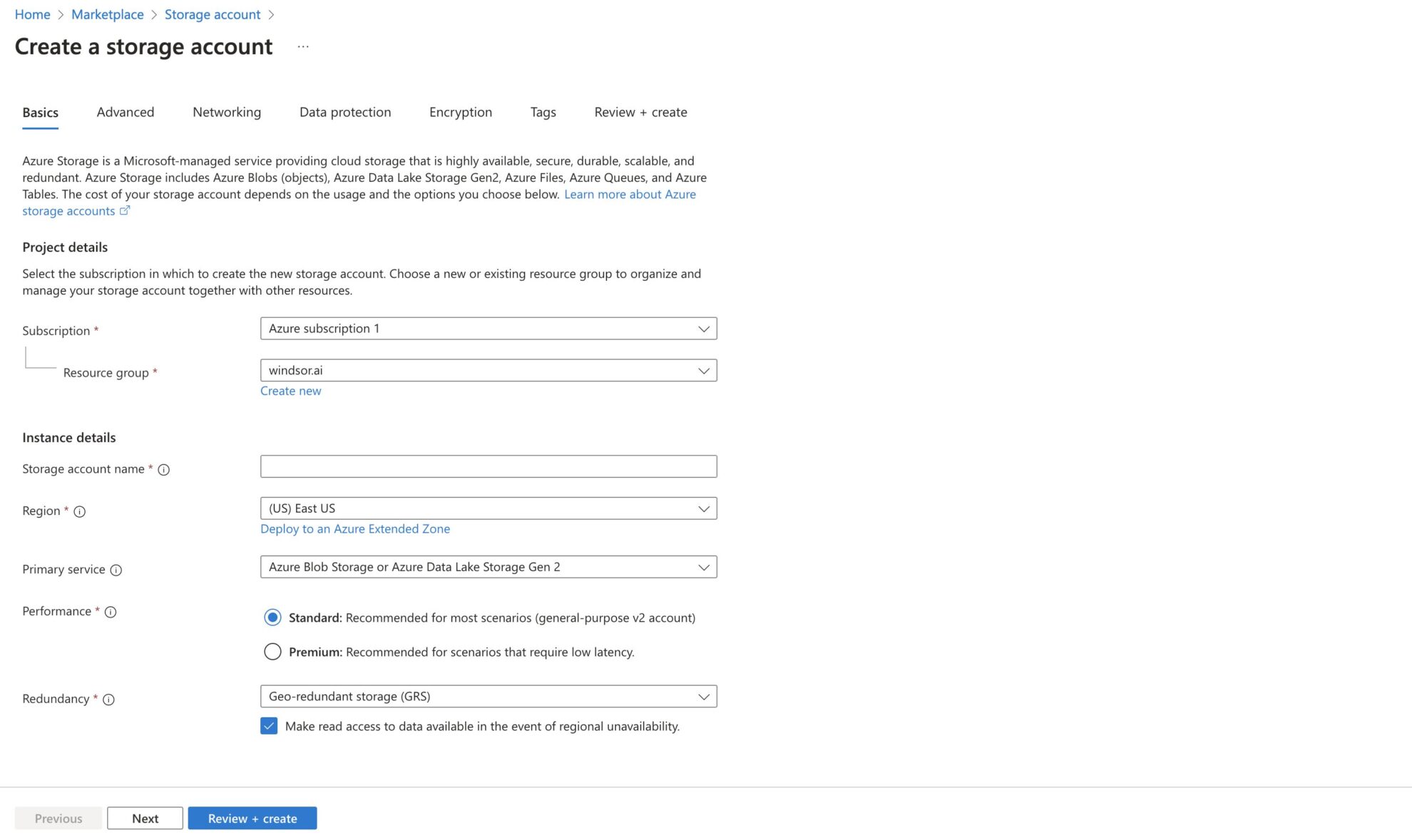 create a storage account in azure