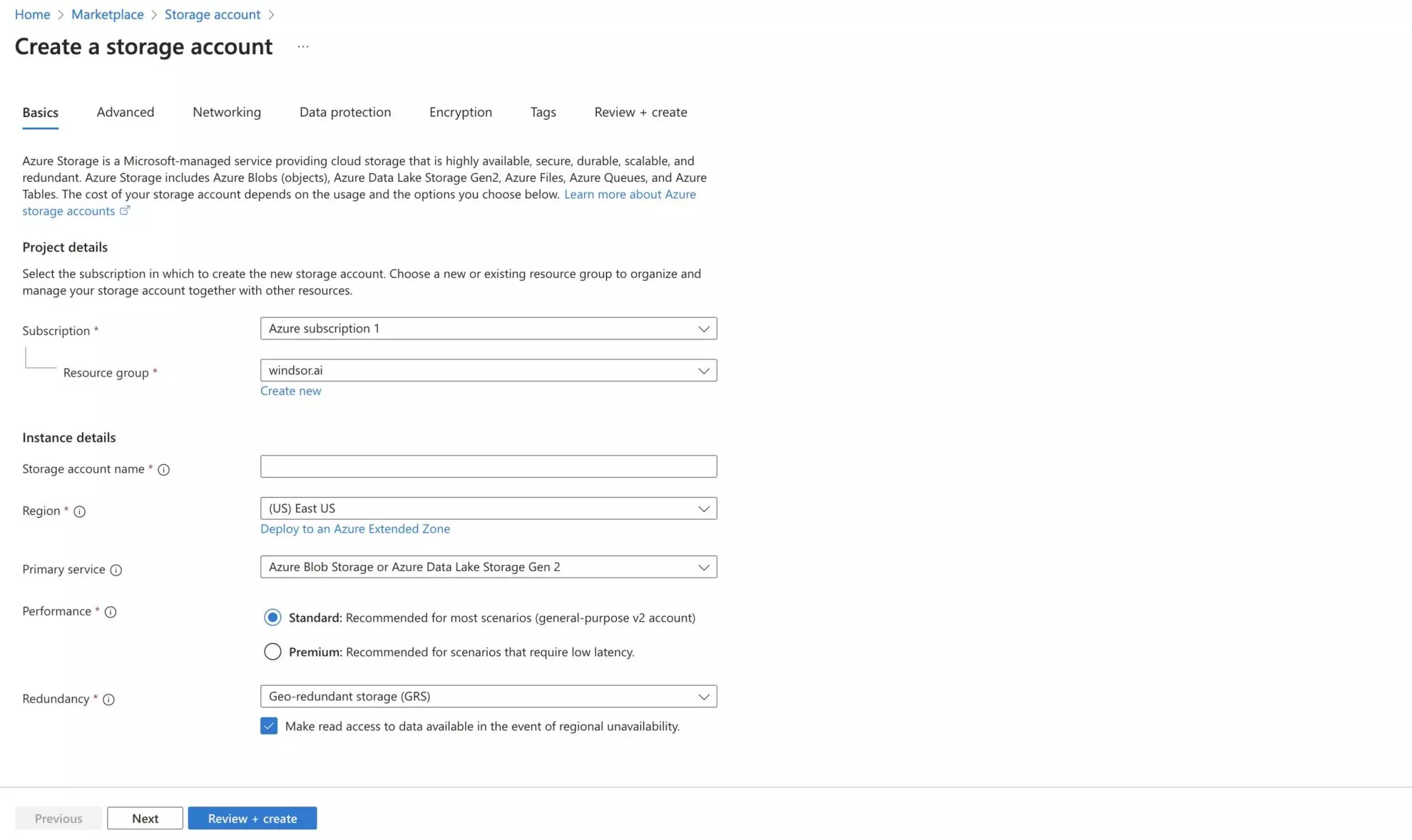 create a storage account in azure
