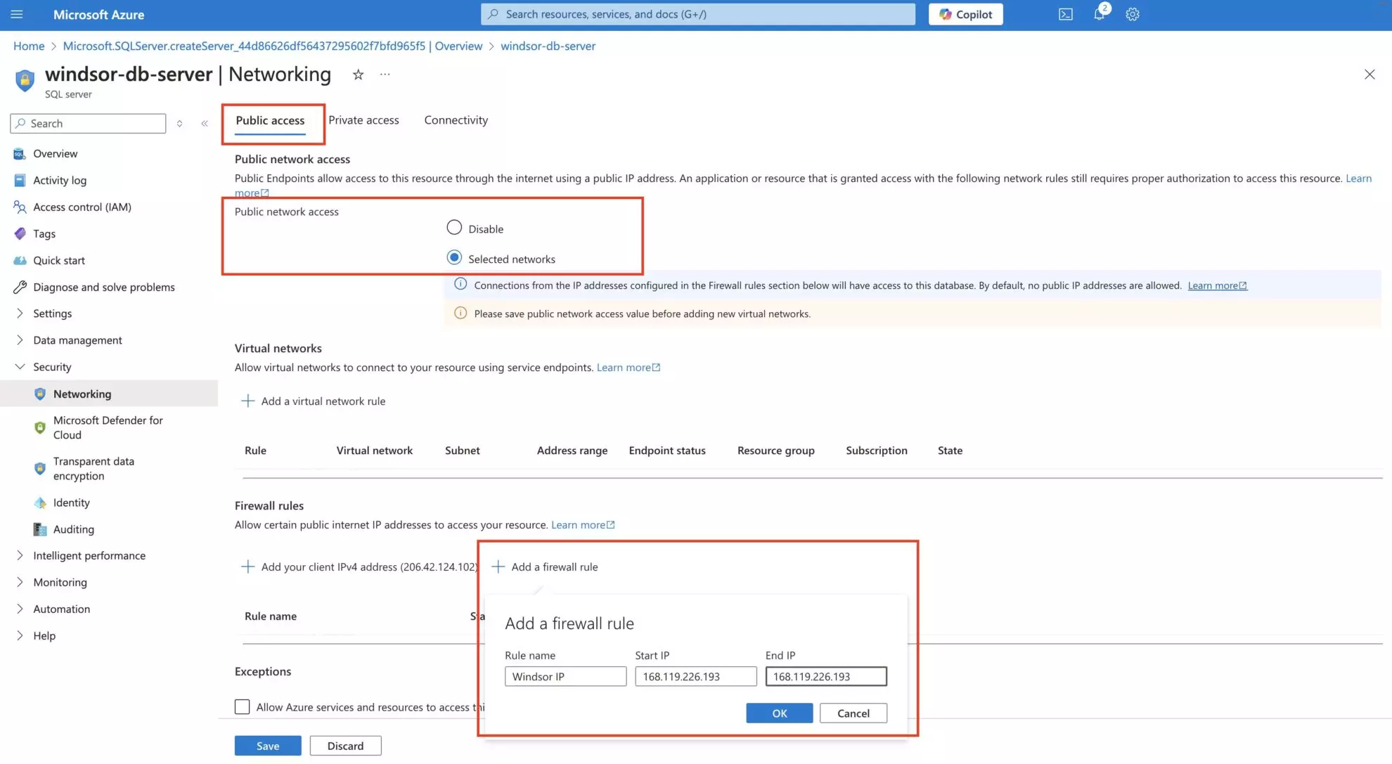 change network configuration in Azure SQL