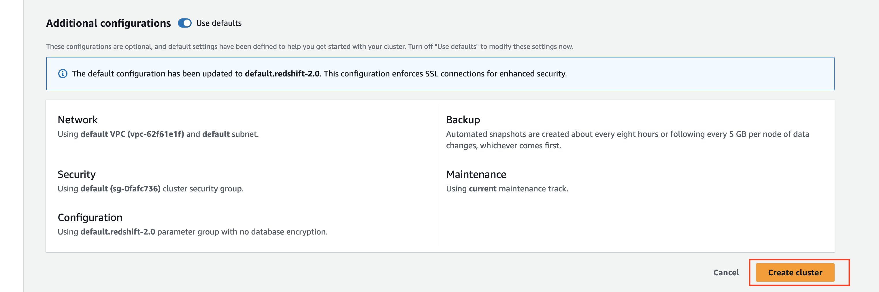 create cluster in amazon redshift