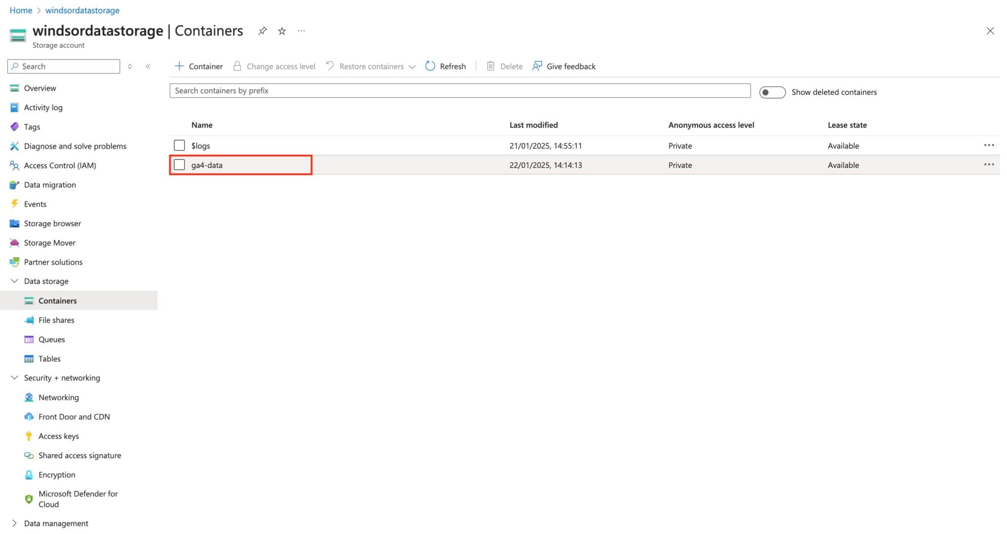container name in azure