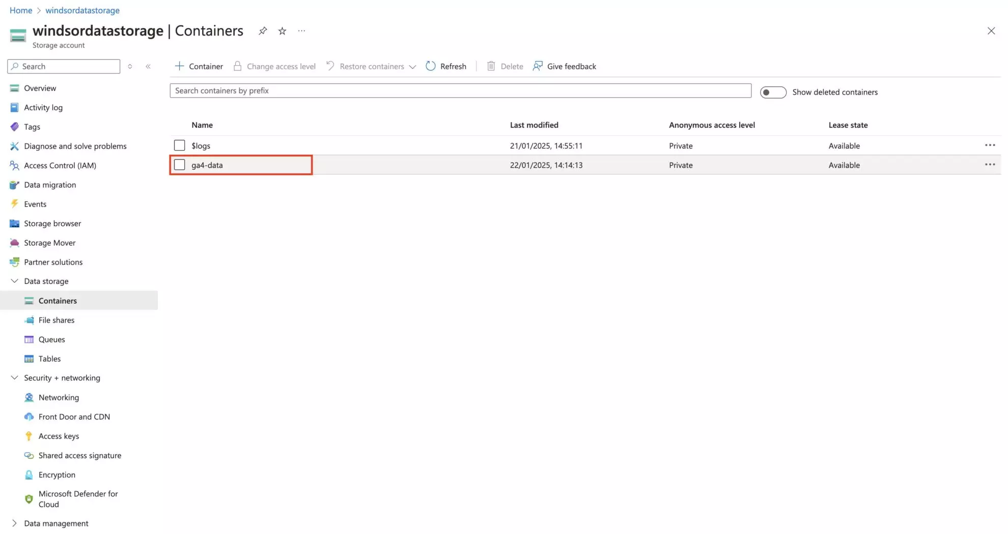 container name in azure
