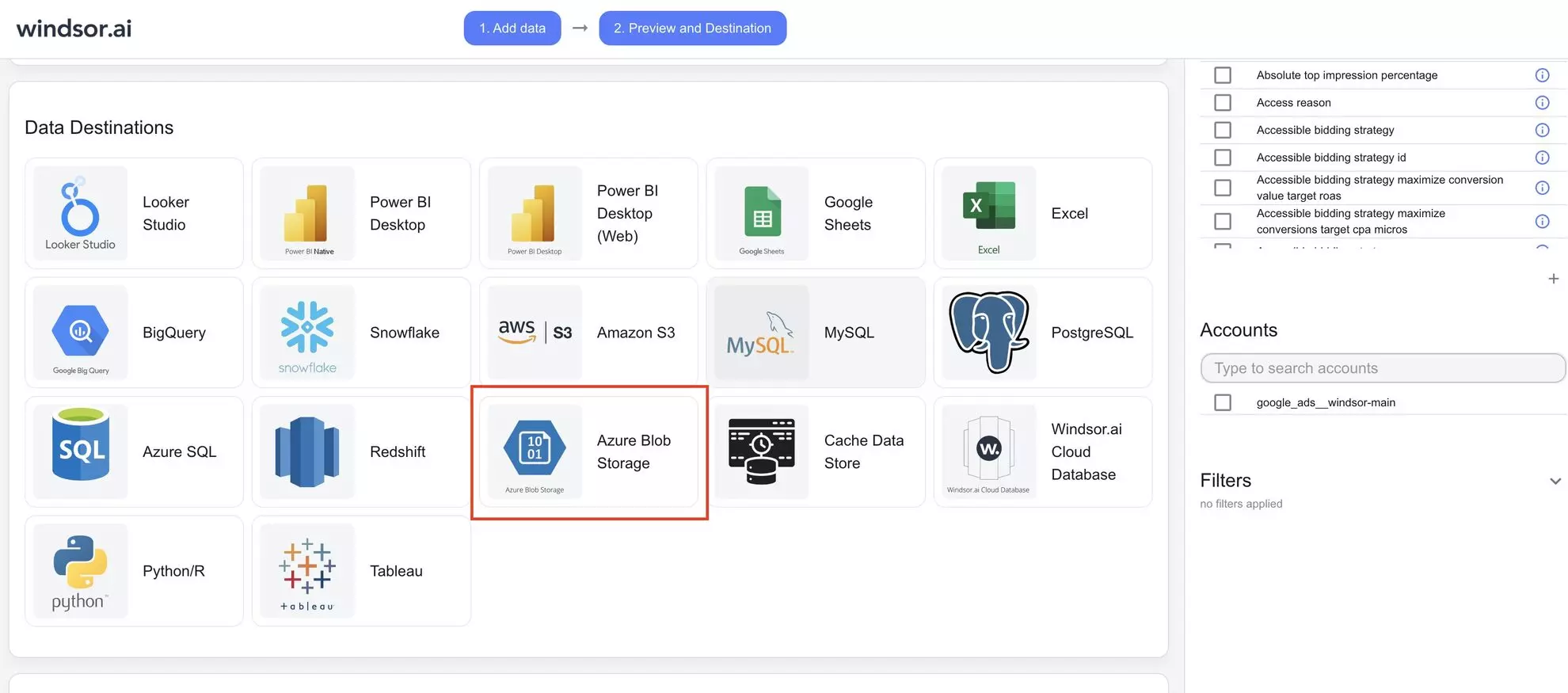 integrate data into aZure blob storage with windsor.ai