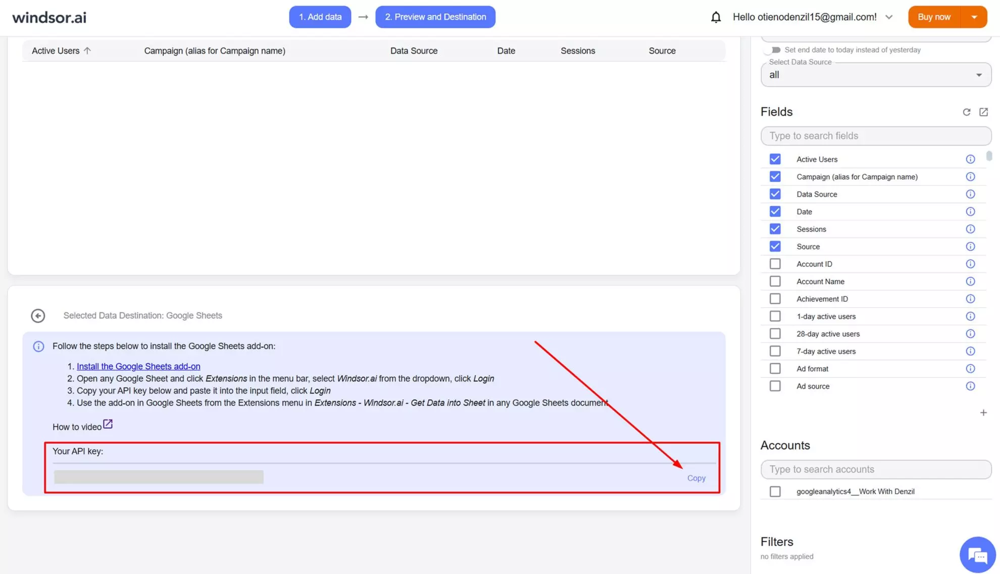 api key for google sheets integration windsor.ai