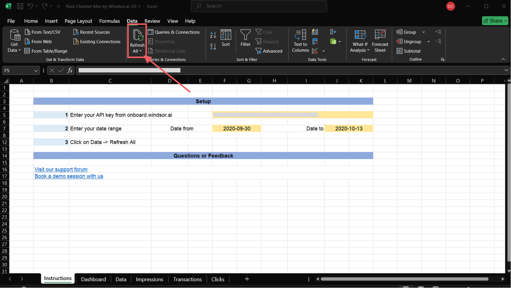 refresh data in excel