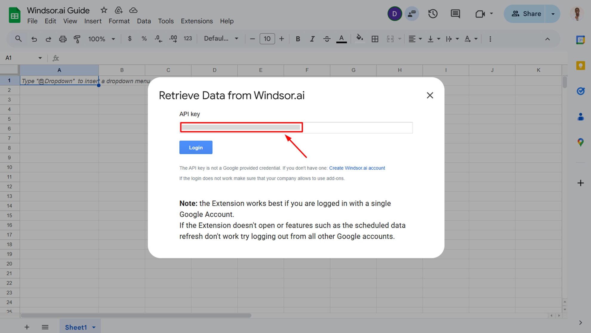 api key for google sheets windsor.ai