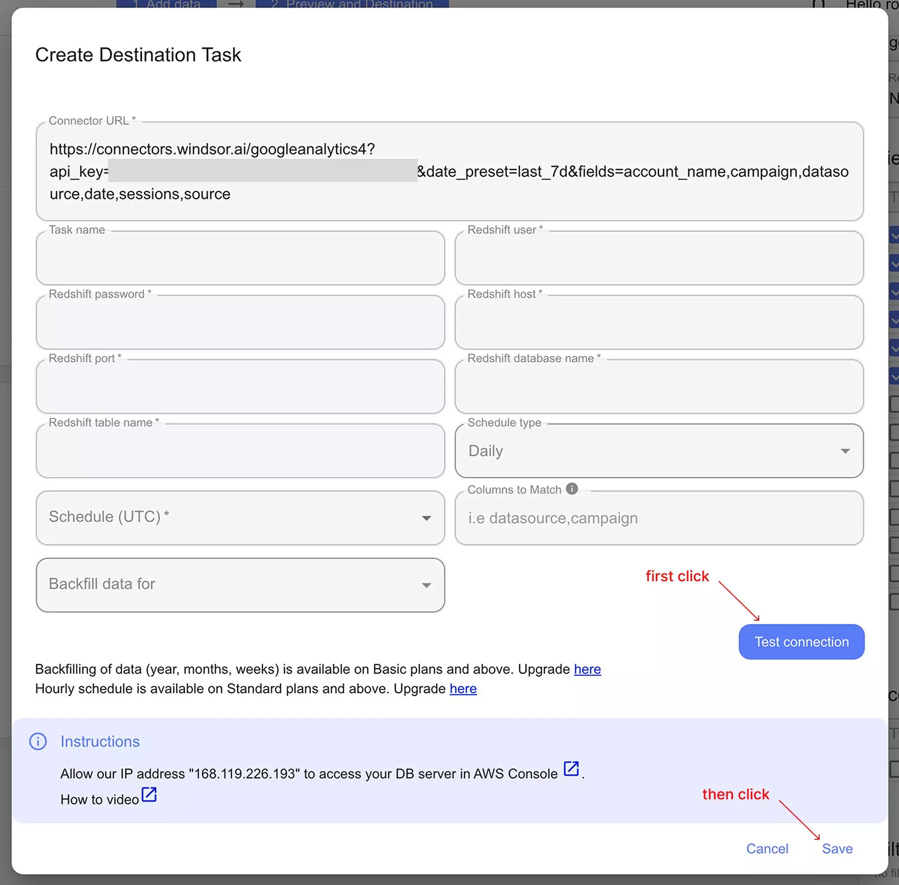 destination task in redshift windsor.ai
