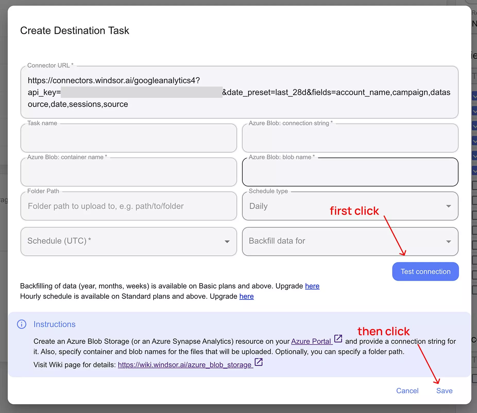 azure blob storage destination task in windsor