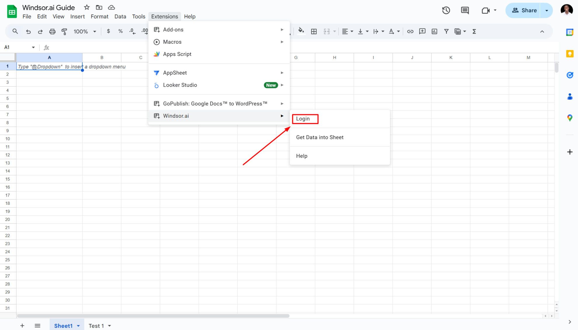 log in windsor.ai extension google sheets