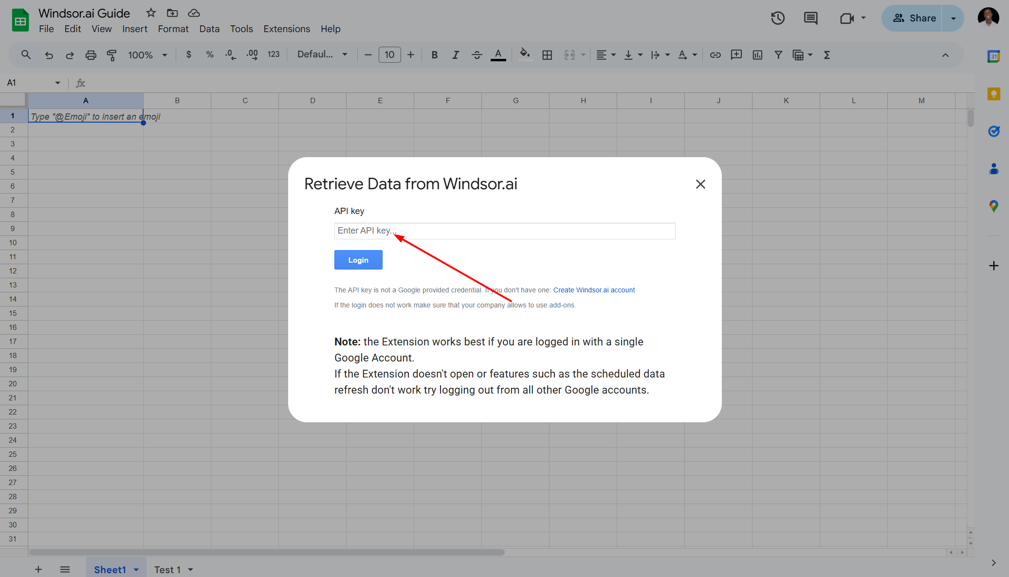 api key for google sheets windsor.ai