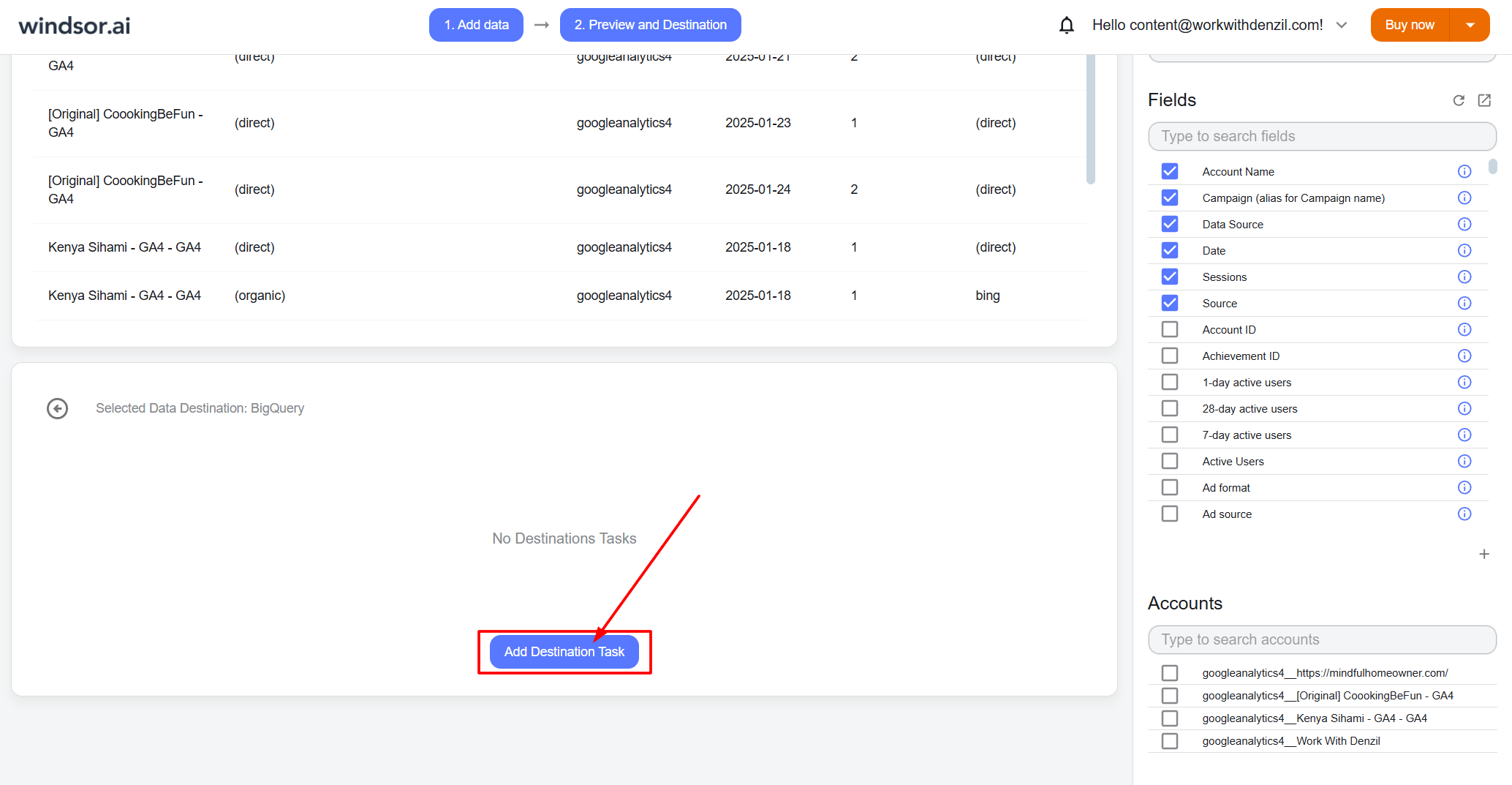 add destination task for bigquery in windsor.ai