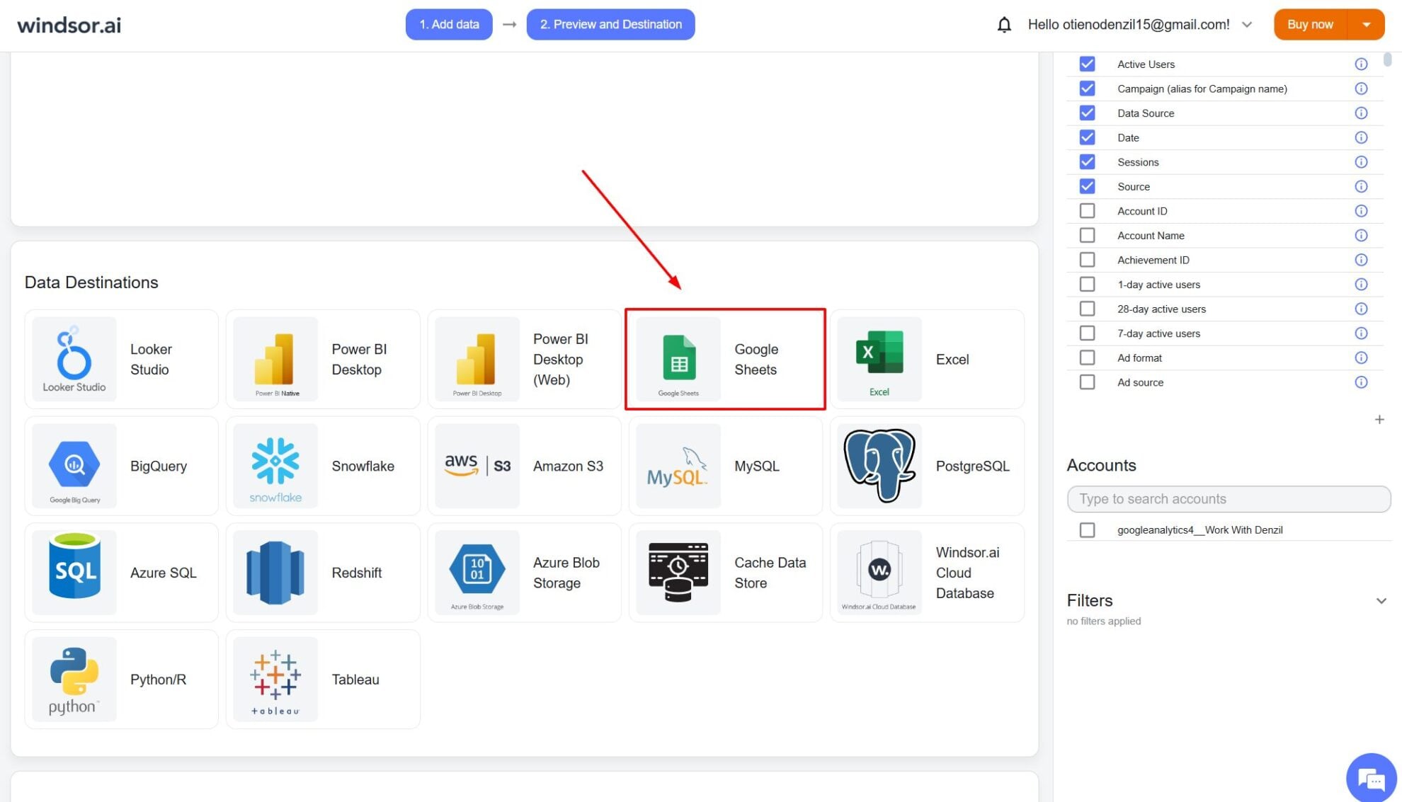 connect Google Sheets in Windsor.ai