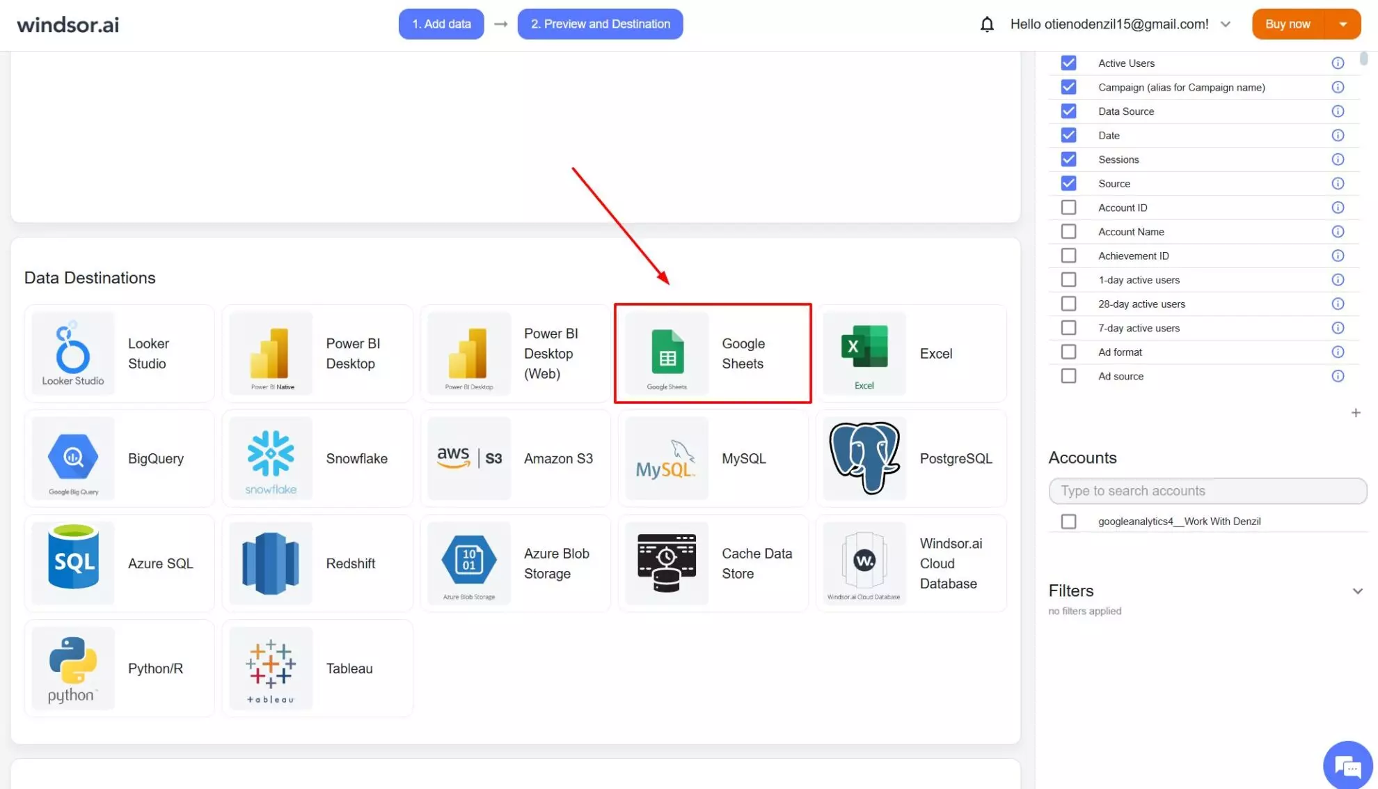 connect Google Sheets in Windsor.ai