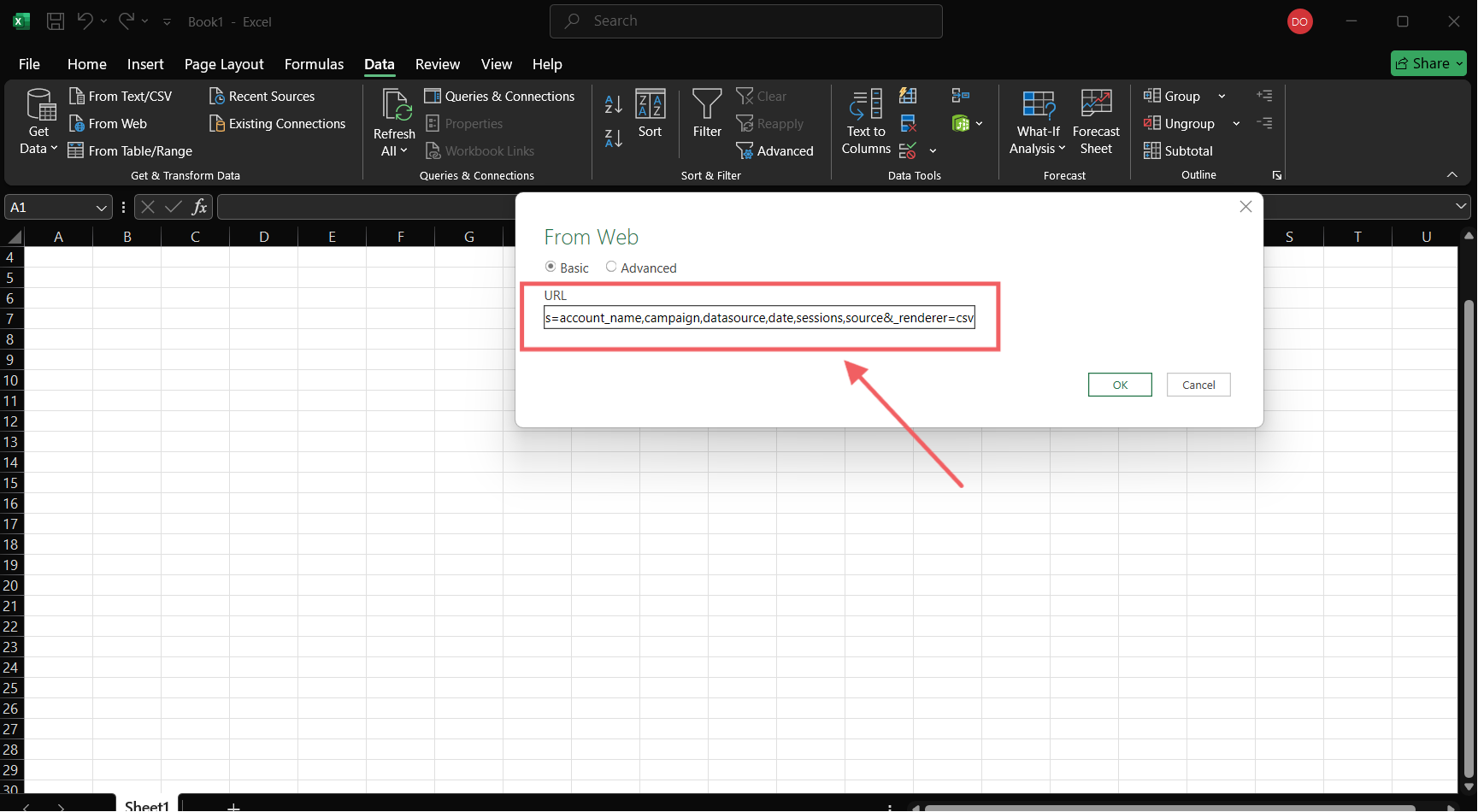insert API key in Excel