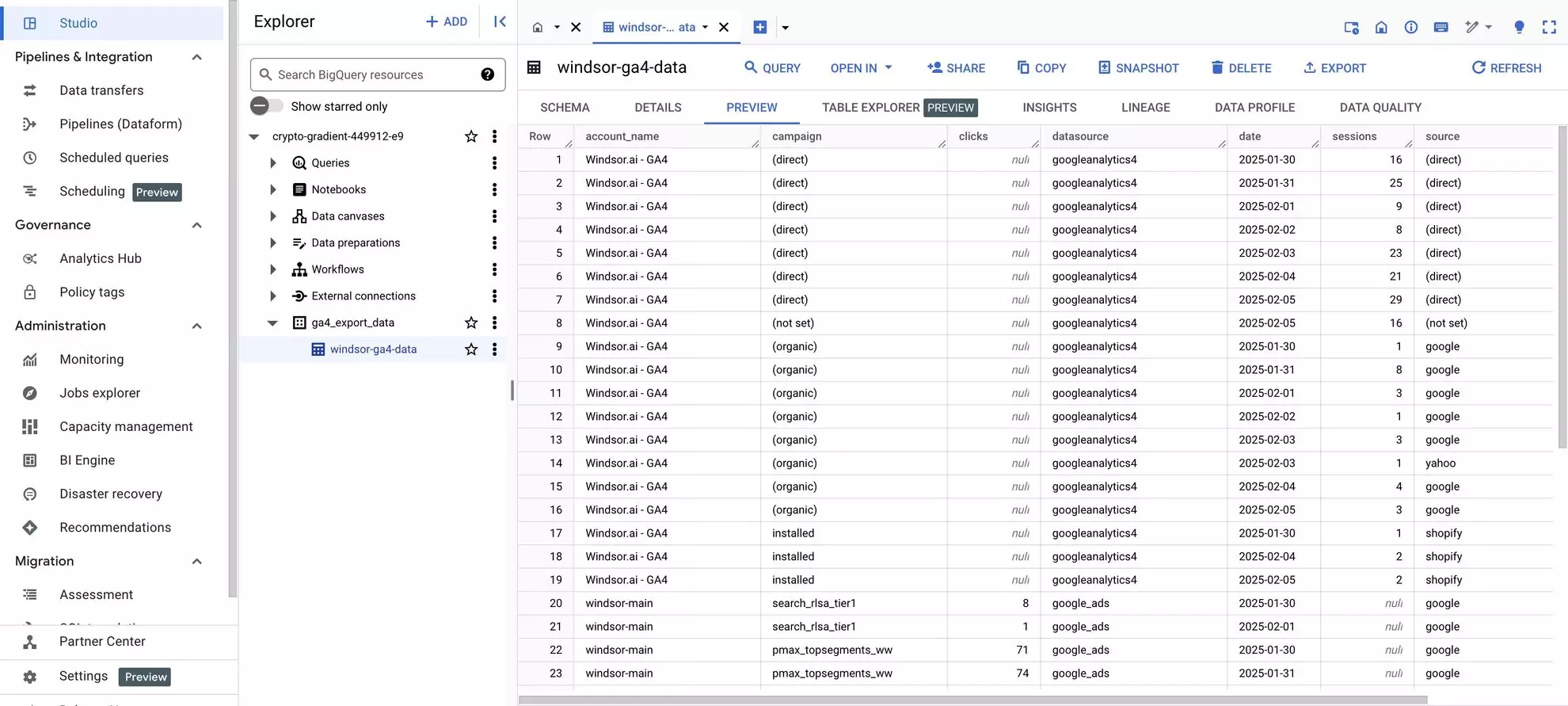 bigquery data integration windsor.ai