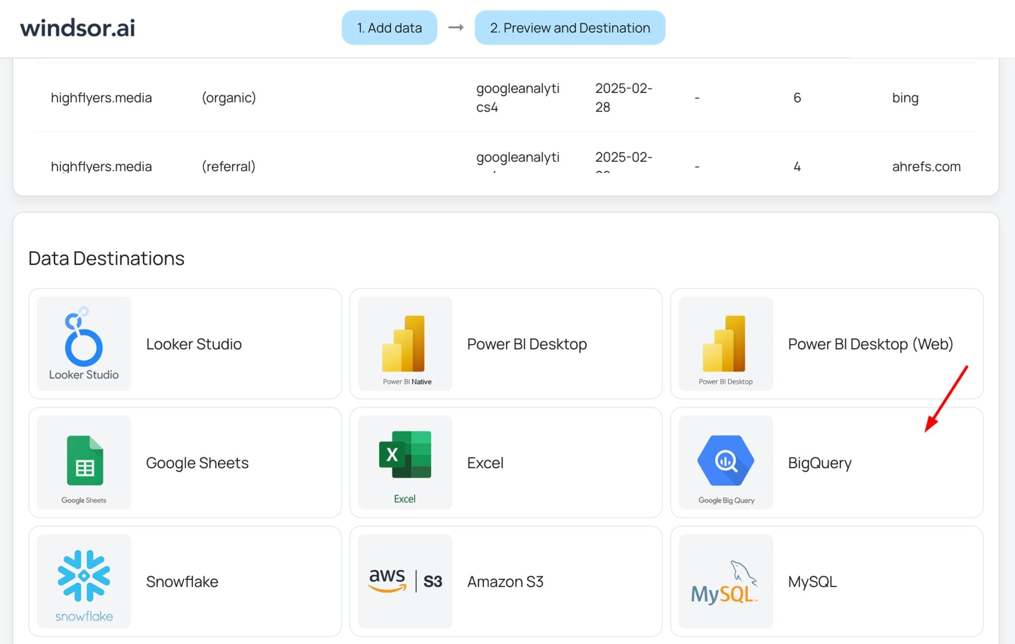 google bigquery destination windsor.ai